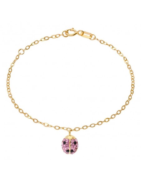 Bracciale Oro Giallo charme Coccinella con cristalli Rosa
