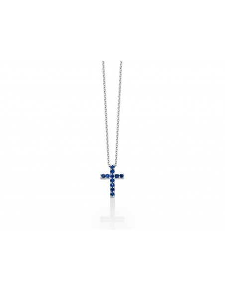 Miluna Collana Croce in Zaffiri ed oro Bianco
